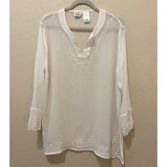 NWOT Sand N Sun Women's White Sheer Embroidered V‑Neck Swim Cover Up Top XL - Picture 2 of 11